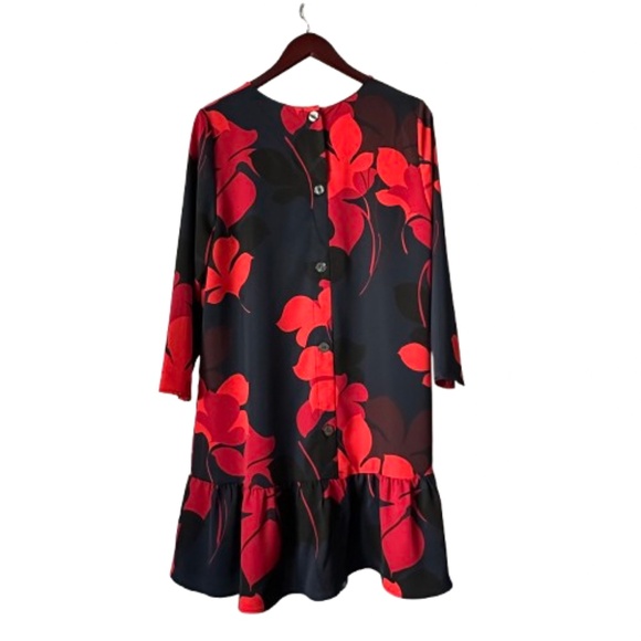 Halogen Women's L Petite Navy Red Floral Print Sleeved Round Neck Midi Dress - Picture 3 of 15